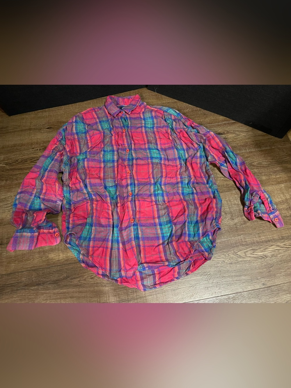 Women's Vintage Plaid Button Down Long Sleeve Shirt- Small